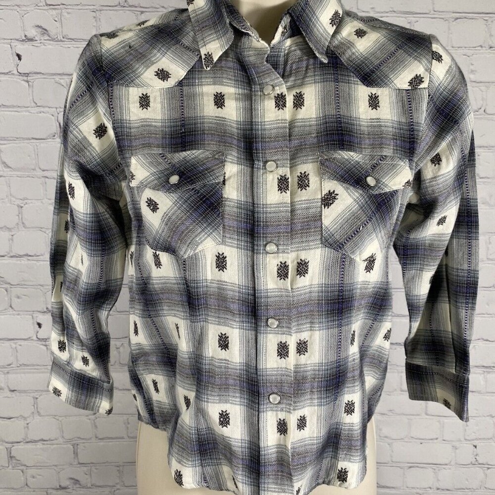 Sherry Cervi Long Sleeve Gray White Purple Embroidered Pearl Snap Shirt Girls L